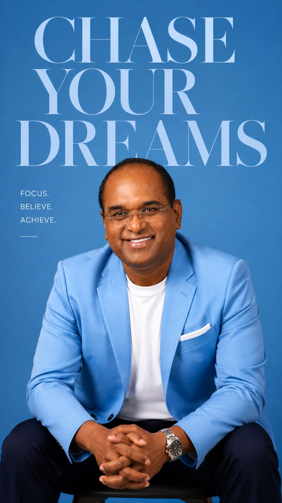 Binesh Ravindran, Peak Performance Coach, in a sky blue blazer